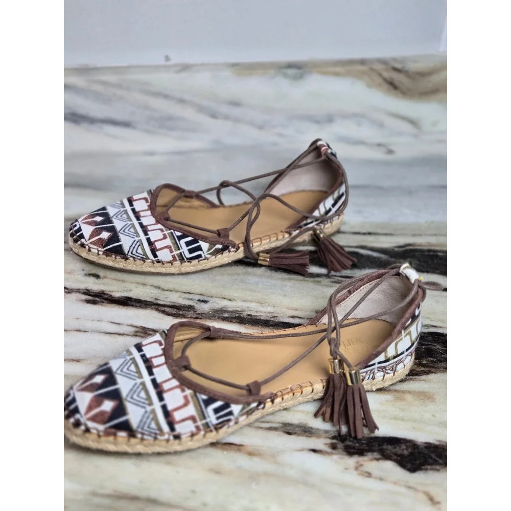 Franco Sarto Dream Lace Up Espadrille Flats‎ Tassel Geometric Tribal Print 11M